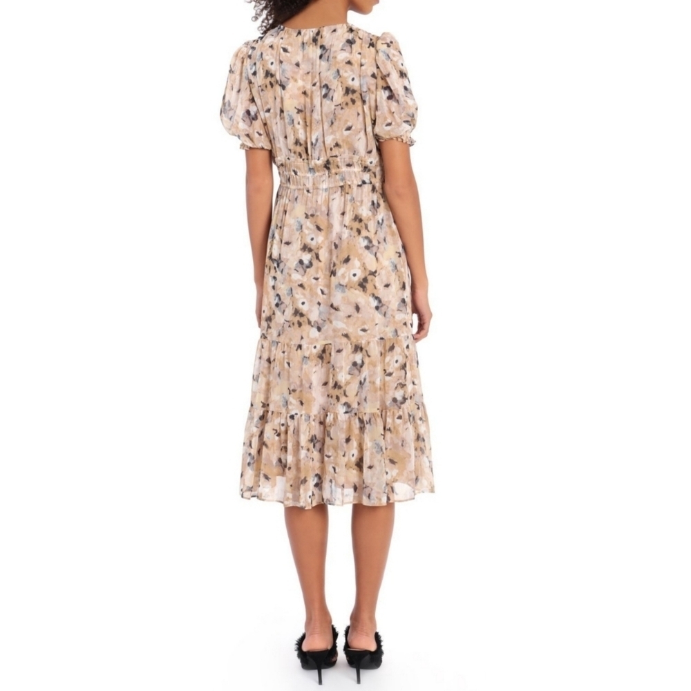 Maggy London Khaki Gold Print Puff Sleeve Ruffle Hem Midi Dress - Picture 3 of 9